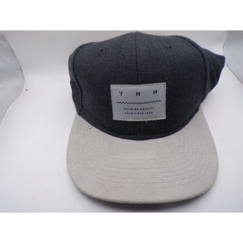 H&M Divided Mens Snapback Hat Navy Blue Gray Faux Suede Flat Brim YHH Patch Cap